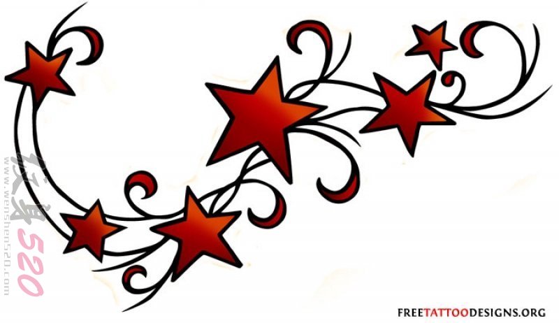 漂亮的红色的五角星纹身和简单线条纹身手稿