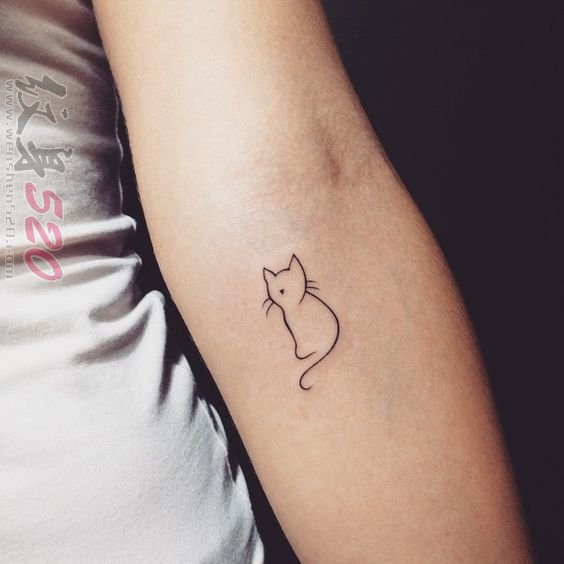 女生手臂上黑色线条简约猫咪轮廓小图案纹身图片