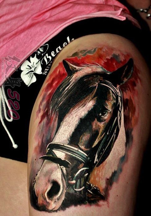 栩栩如生的彩绘创意场景与马纹身图案