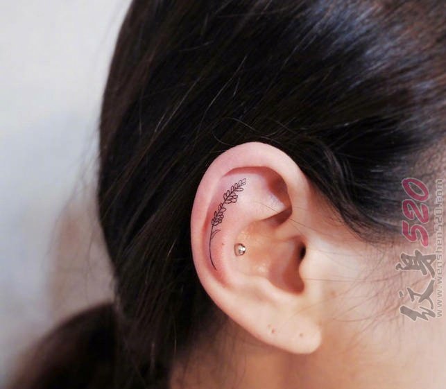 女生耳朵上黑色线条简约可爱小图案纹身图案