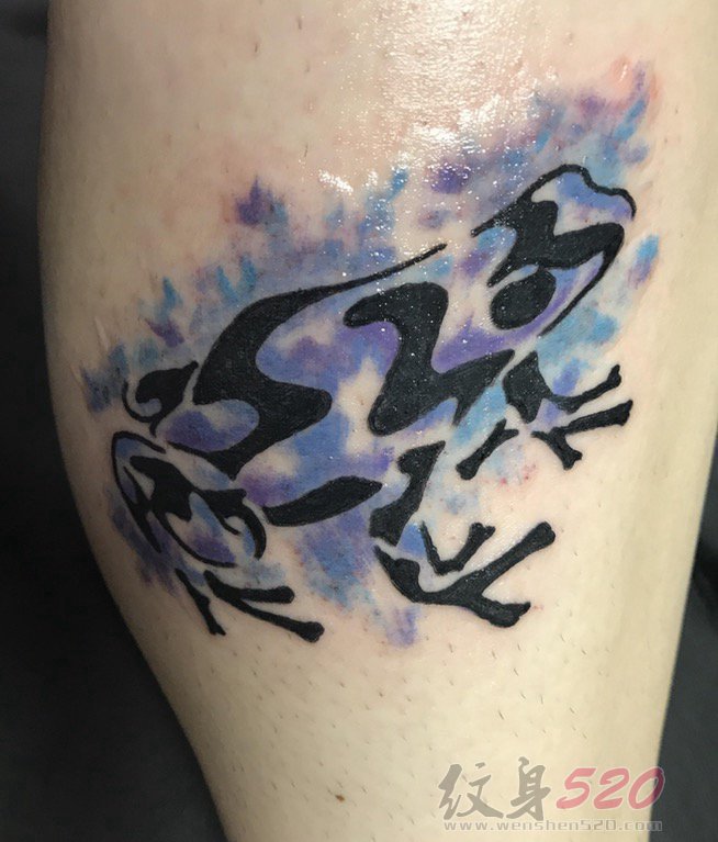 男生腿上水彩泼墨线条青蛙纹身图片