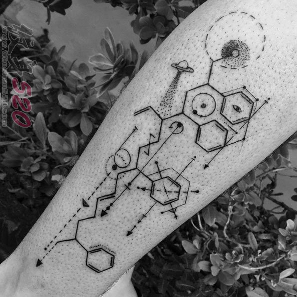 多款关于化学元素的黑色线条素描原子结构纹身图案