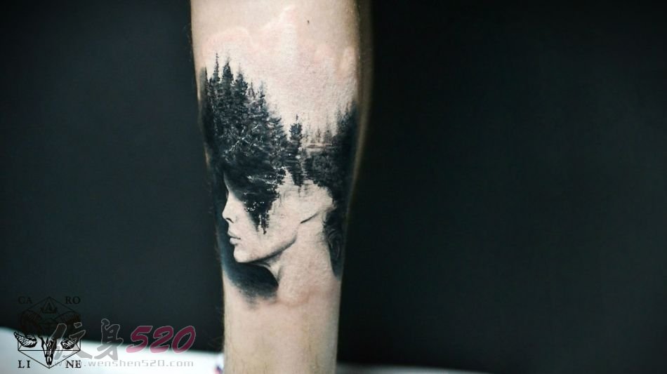 个性的黑色点刺技巧植物素材创意重叠纹身图案