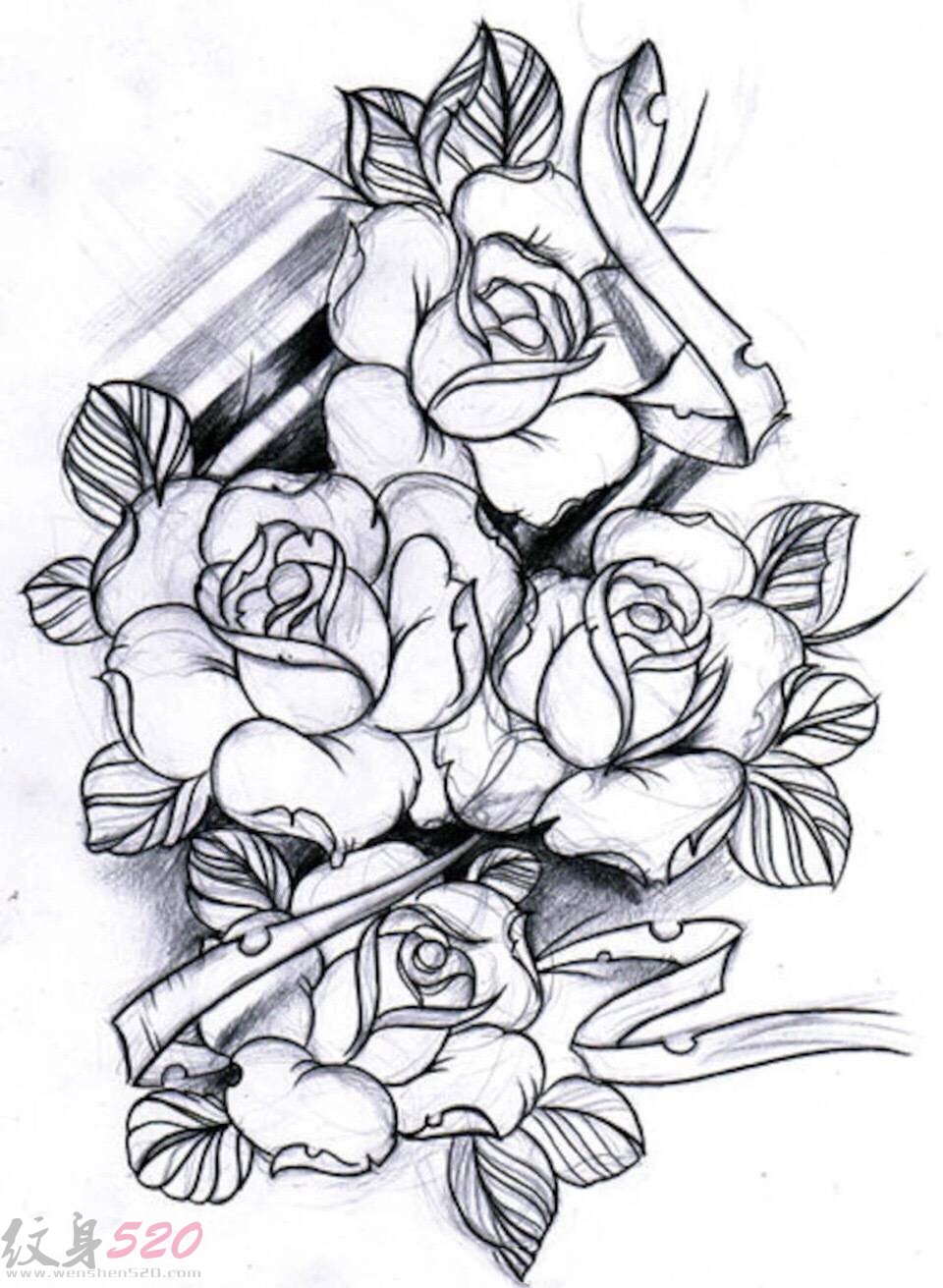 黑色素描点刺技巧唯美玫瑰花朵纹身手稿