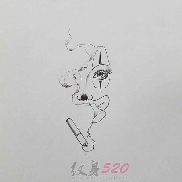 创意的黑色抽象线条烟雾和人物肖像纹身手稿