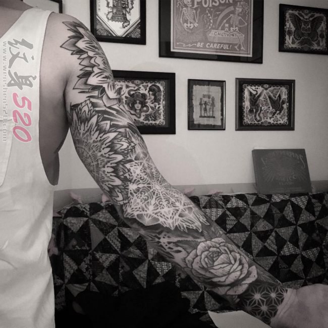 男生手臂上彩绘水彩创意个性霸气花臂纹身图案