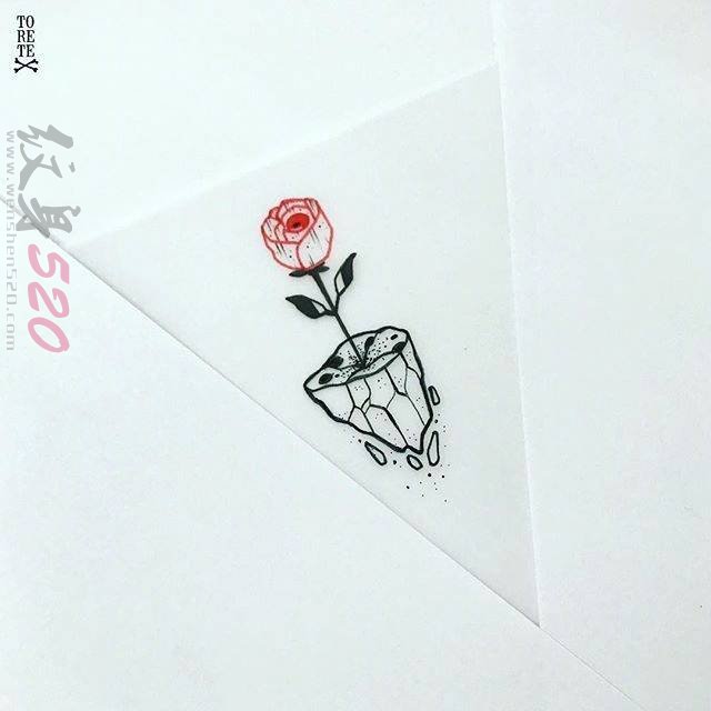 黑色线条几何元素红玫瑰盆栽纹身手稿
