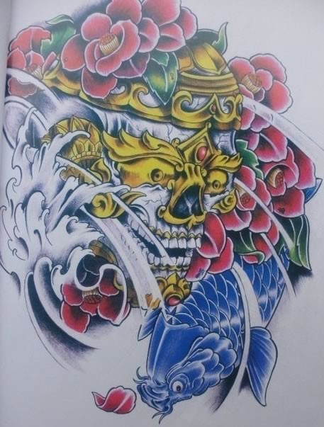 极致唯美黄金骷髅头huangjinkuloutou和鲤鱼纹身手稿