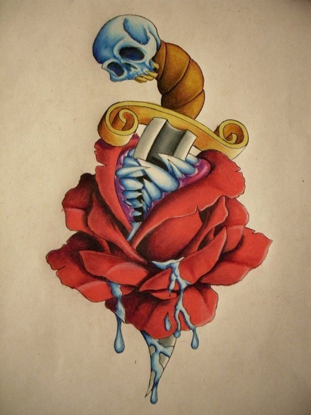 创意骷髅头与玫瑰刺青