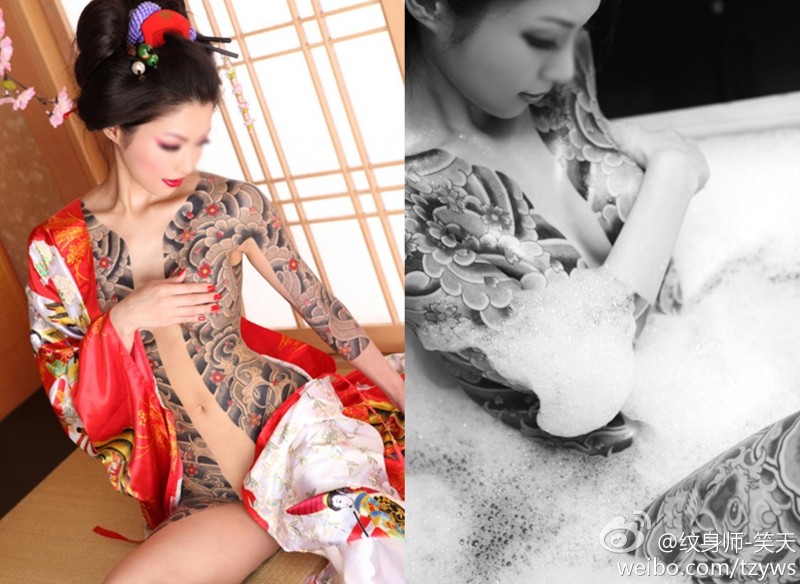 日式女性双半甲纹身欣赏