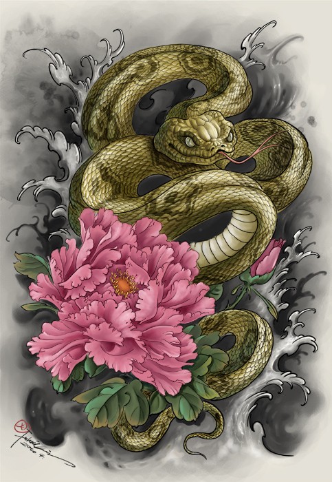 花朵中的金黄色蟒蛇手稿