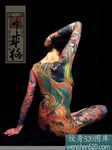 日本女性的满后背全胛凤凰纹身