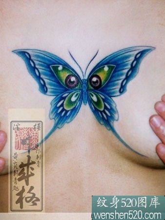 女性胸前蓝色蝴蝶纹身欣赏