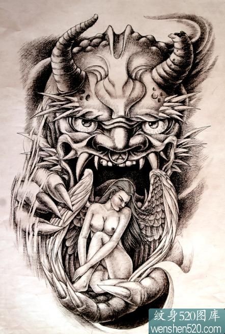 全裸女天使和恶魔纹身手稿