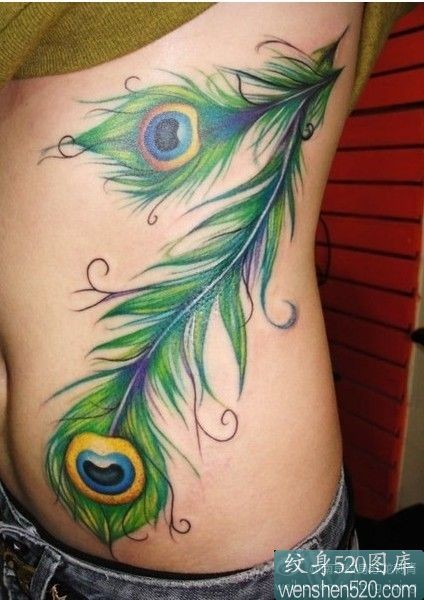腰部彩色的大型羽毛纹身图案作品