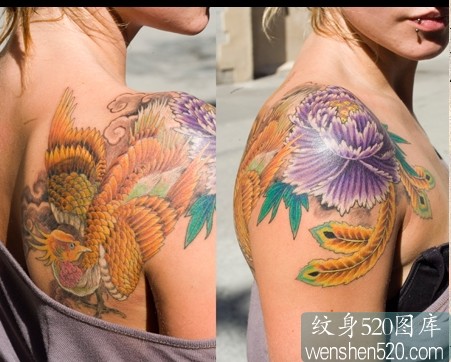 国外美女肩膀牡丹凤凰纹身图案图片