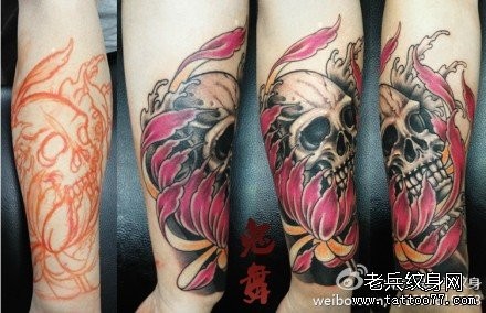 手臂精美潮流的骷髅莲花纹身图案