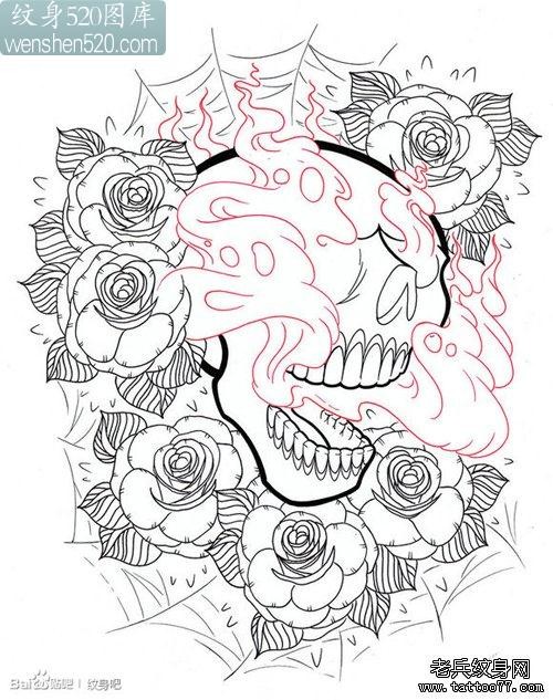 时尚精美的一张骷髅与玫瑰纹身手稿
