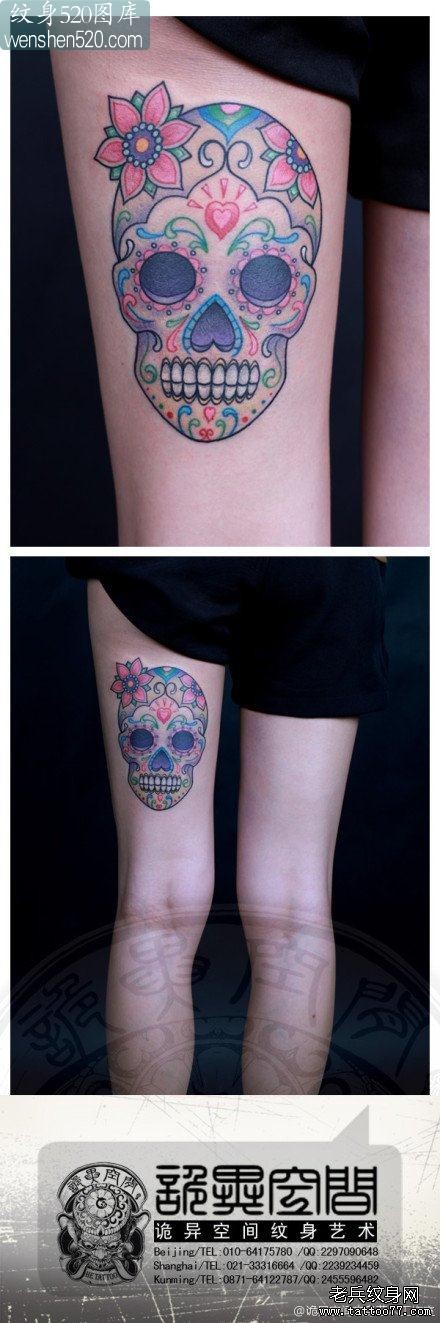 女生腿部漂亮唯美的彩色骷髅纹身图案