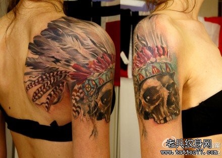 女生手臂到肩背超酷的印第安骷髅纹身图案