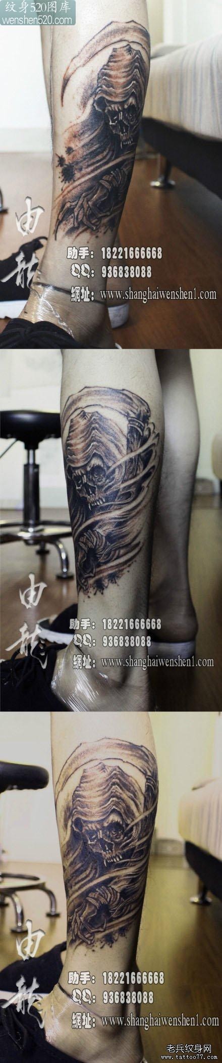 男人腿部经典潮流的黑灰死神纹身图案