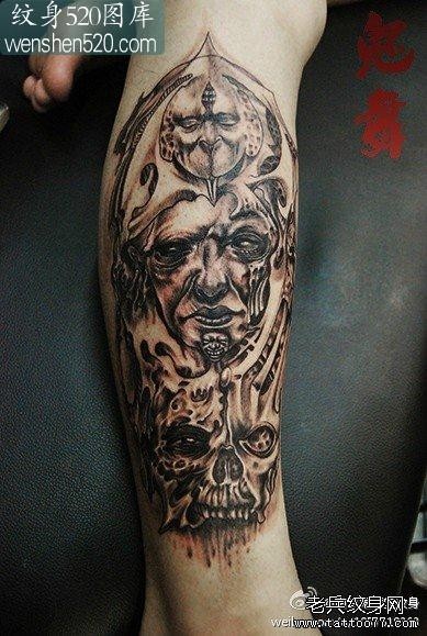 腿部潮流经典的欧美骷髅与鬼头纹身图案