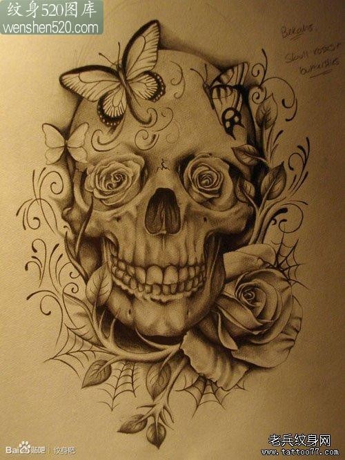 一张潮流唯美的黑灰骷髅纹身手稿