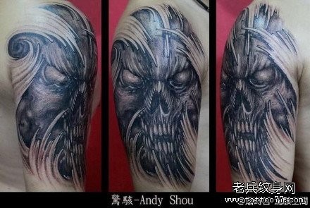 男人喜欢的手臂超酷经典的撕皮骷髅纹身图案