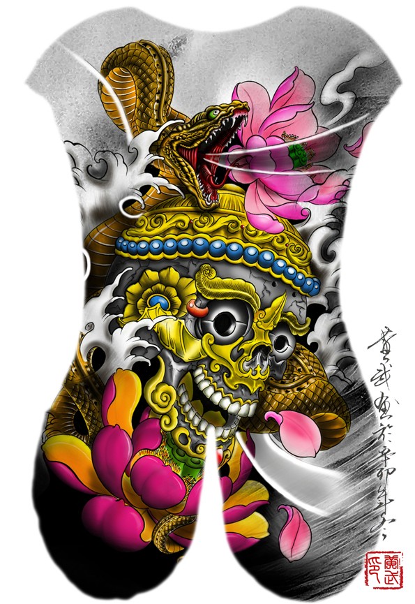 嘎巴拉和蛇的彩色刺青手稿