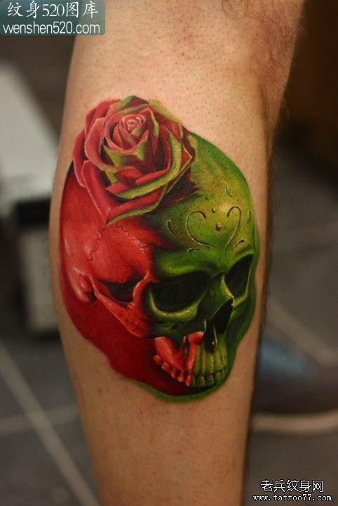 欧美3D彩色骷髅玫瑰花纹身图案