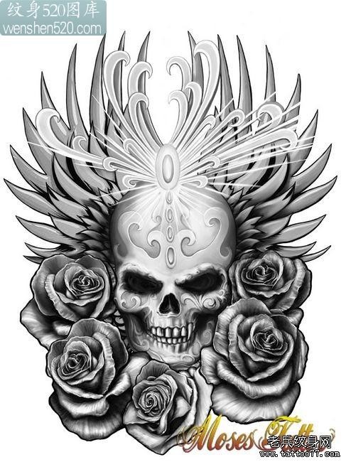 一张帅气的骷髅与玫瑰花纹身图案