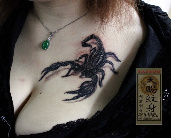 女性胸前上方蝎子刺青作品