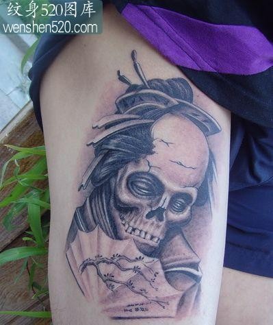 腿部一张经典的骷髅纹身图案