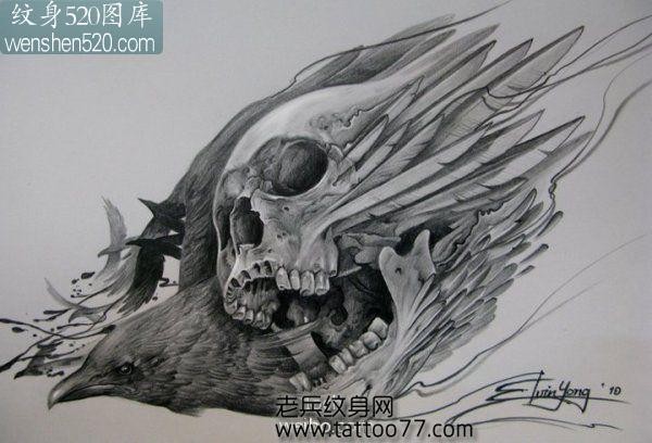 霸气超酷的骷髅乌鸦纹身图案