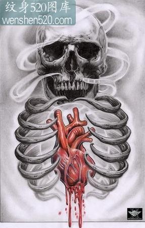 骷髅纹身图案：经典时尚骷髅心脏纹身图案纹身图片