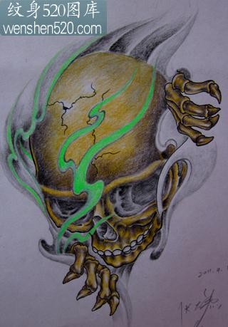 骷髅纹身图案：经典霸气彩色骷髅火焰纹身图案纹身图片