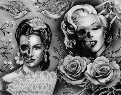 美女骷髅玫瑰纹身图案（tattoo）