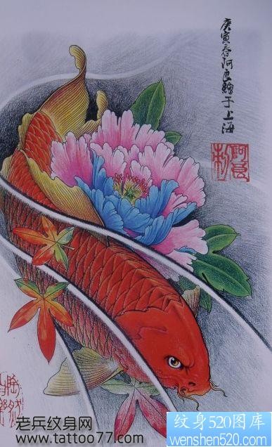 彩色牡丹鲤鱼纹身手稿