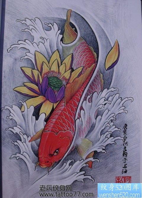 彩色莲花鲤鱼纹身手稿