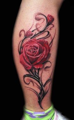 非常好看的腿部玫瑰纹身