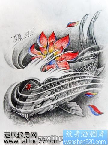 一张简单的鲤鱼莲花纹身手稿