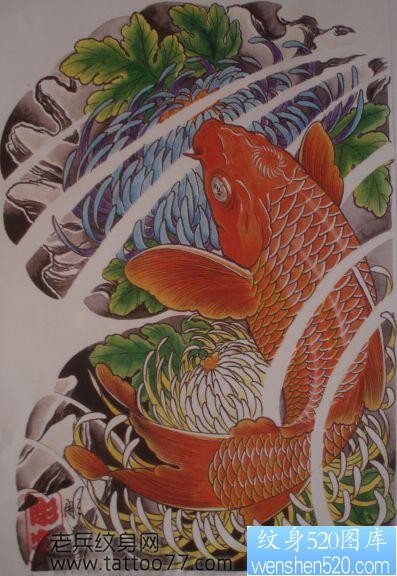 流行经典的半甲鲤鱼菊花纹身手稿