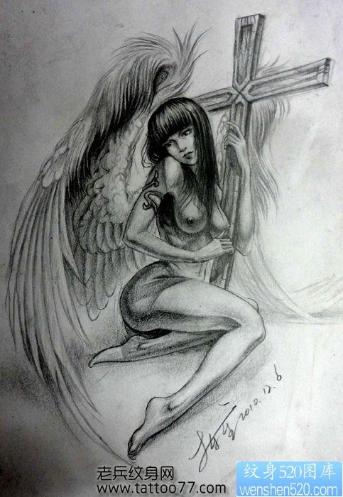 一张另类美女天使翅膀纹身手稿