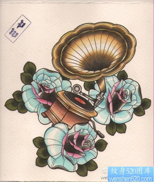 一张欧美风格的玫瑰花与留声机纹身图片