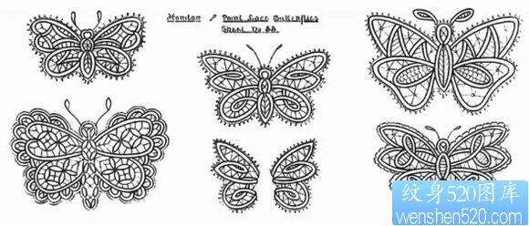 一组流行漂亮的蕾丝蝴蝶纹身手稿