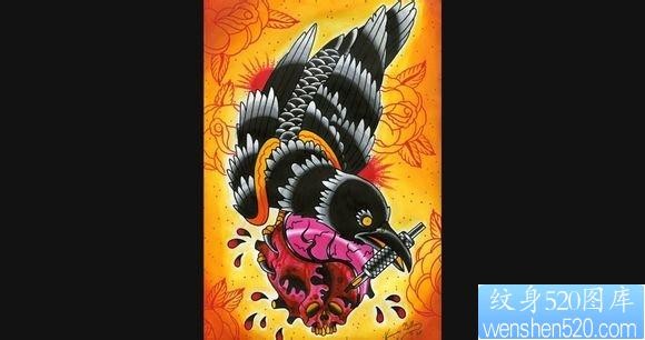 一张流行经典的old school乌鸦纹身图片