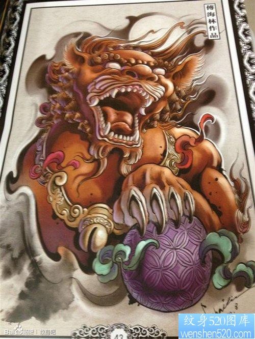超酷经典的一张彩色唐狮子纹身图片