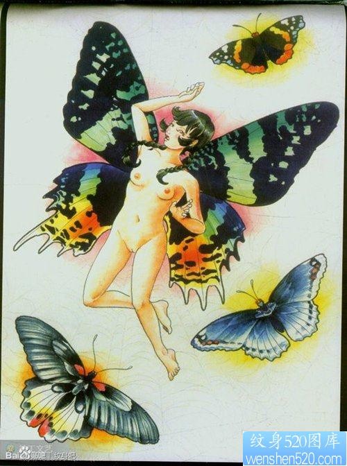 一组前卫精美的彩色蝴蝶纹身手稿
