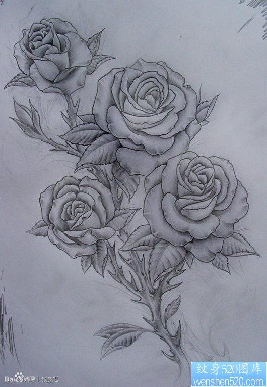 一张黑白前卫的玫瑰花纹身手稿