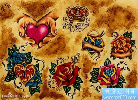 一组前卫流行的玫瑰花爱心锁与钥匙纹身图片